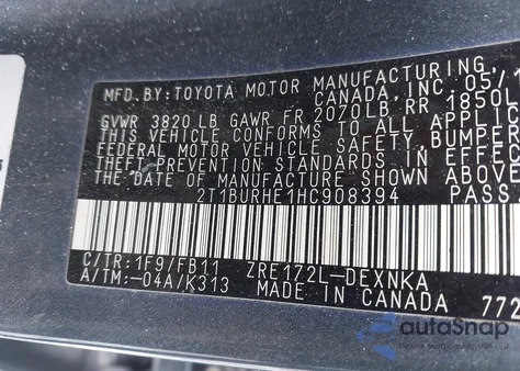 2017 Toyota Corolla Le z USA, uszkodzony, nr VIN 2T1BURHE1HC908394